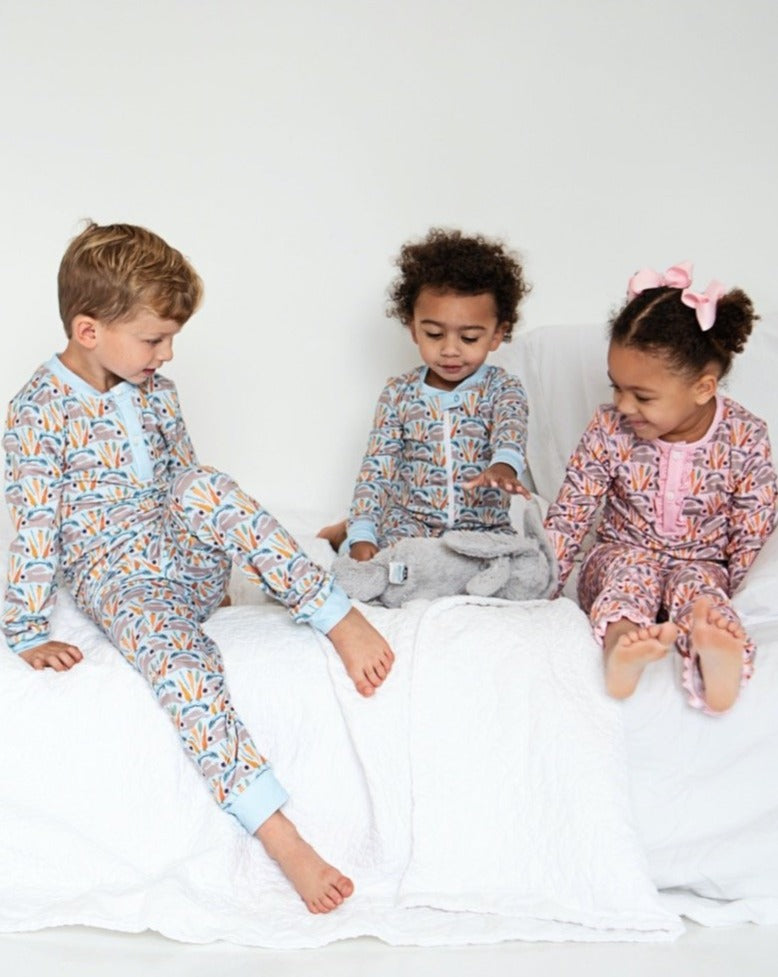 Spring Bunnies Blue Pima Cotton Zip Up Pajamas-FINAL SALE