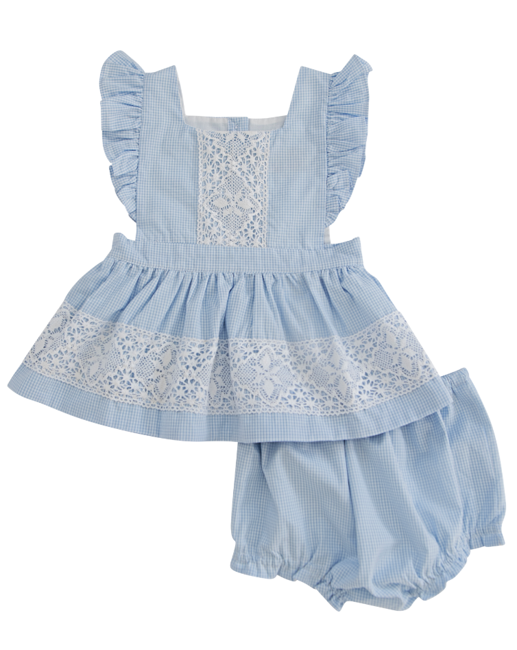 Blue Gingham Pinafore Bloomer Set with Lace