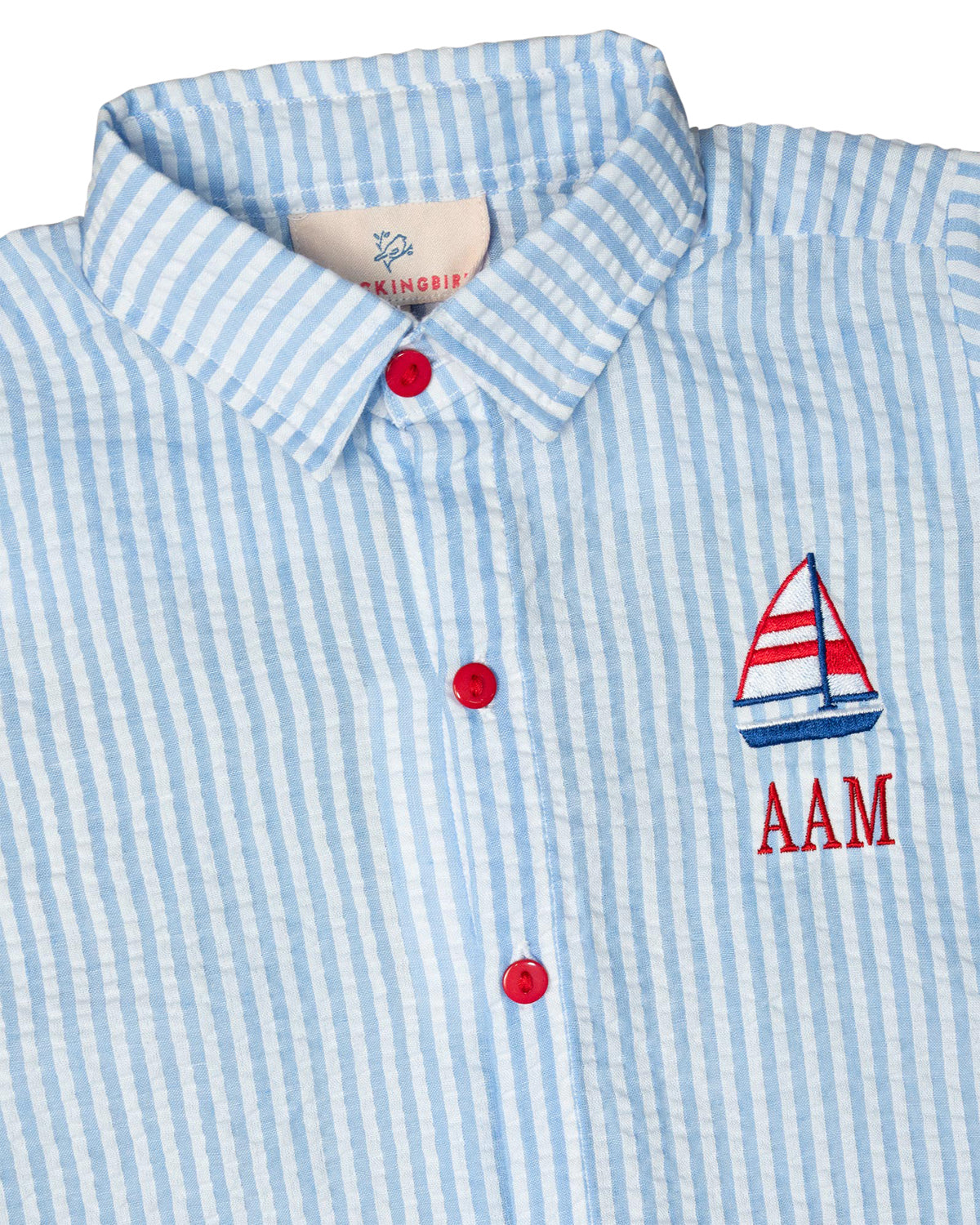 Sailboat Embroidered Blue Seersucker Shirt-FINAL SALE