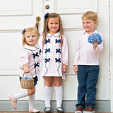 Pink Gingham Knit Dress with Navy Bows