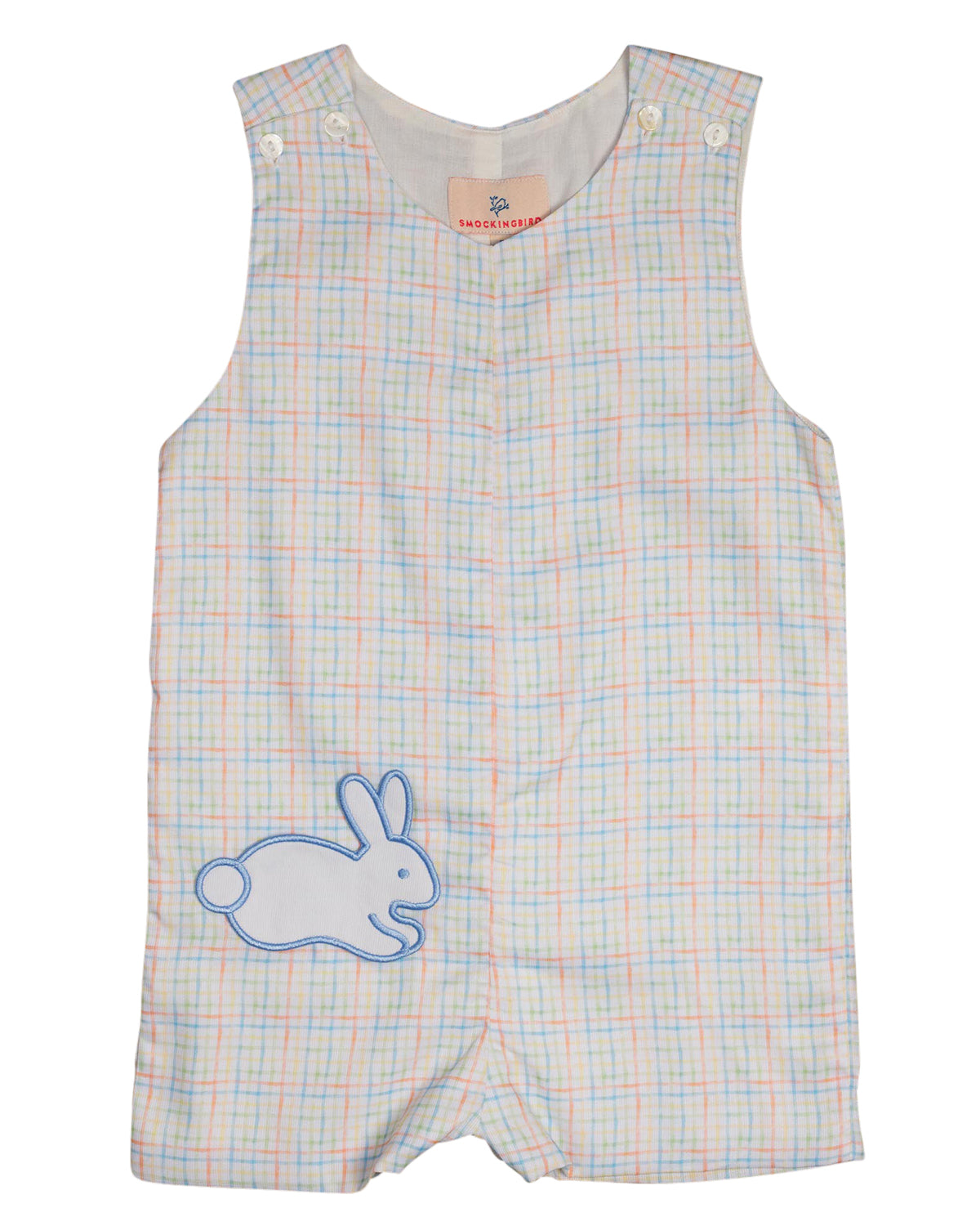 Blue Rainbow Plaid Shortall with Bunny Pocket-FINAL SALE