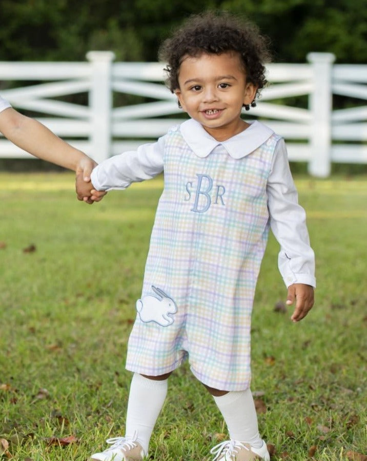 Rainbow Plaid Shortall with Bunny Pocket- FINAL SALE