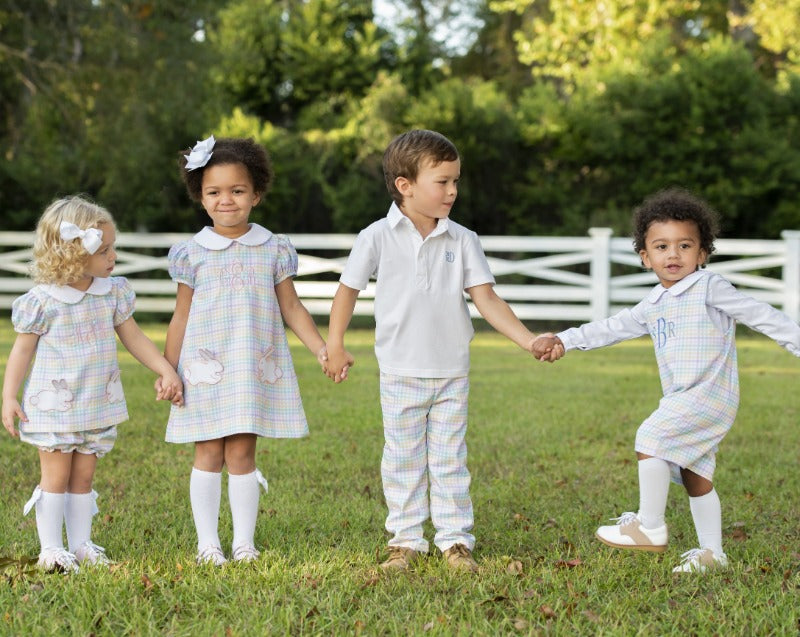 Rainbow Plaid Shortall with Bunny Pocket- FINAL SALE