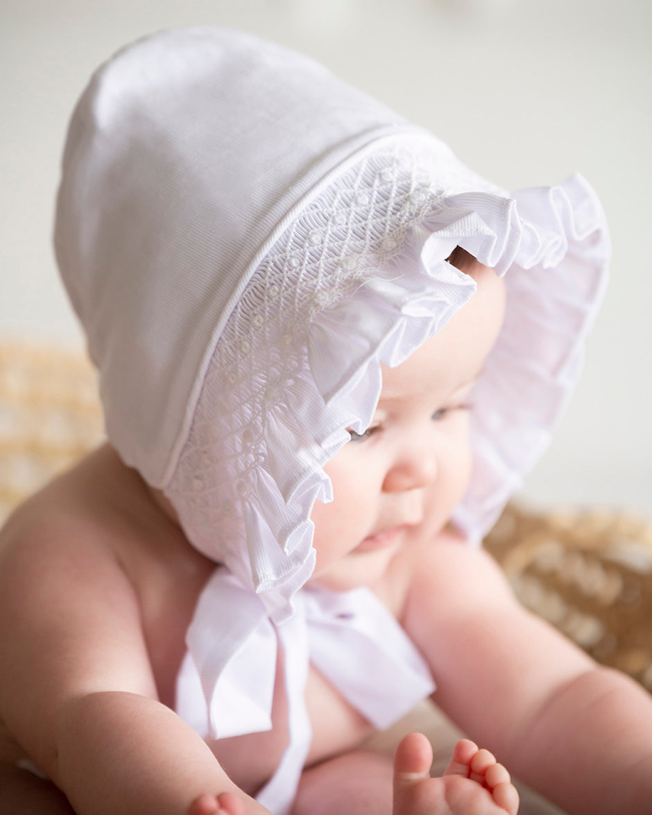 Smocked White Bonnet