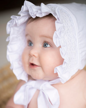 Smocked White Bonnet