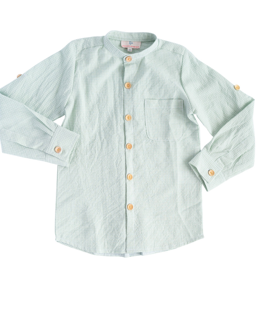 Sage Windowpane Banded Collar Shirt-FINAL SALE