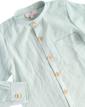 Sage Windowpane Banded Collar Shirt-FINAL SALE