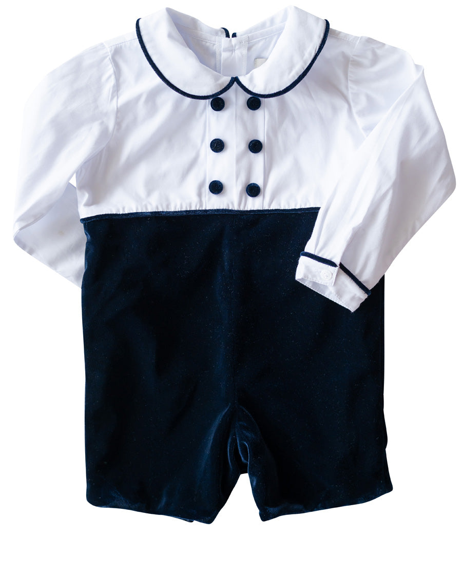 Navy Velvet Shortall with Peter Pan Collar- FINAL SALE