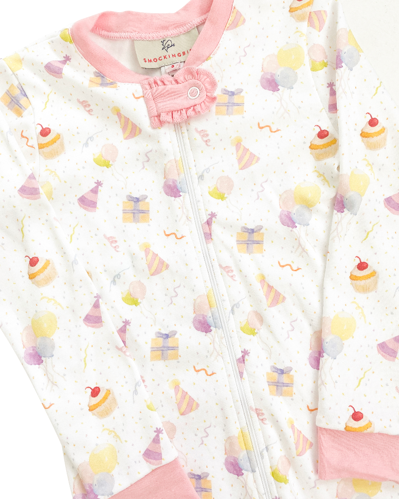 Party Time Pima Zip Up Pajamas with Pink Trim- FINAL SALE