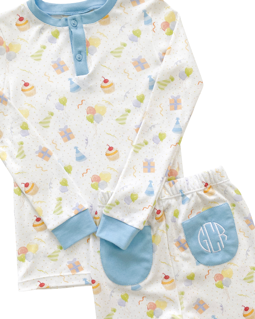 Party Time Pima Pajama Set with Blue Trim- FINAL SALE