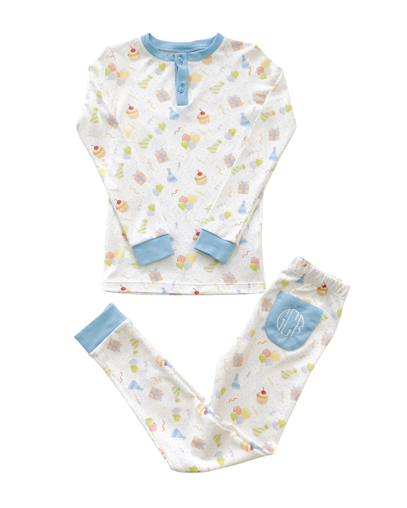 Party Time Pima Pajama Set with Blue Trim- FINAL SALE