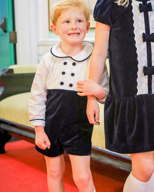 Navy Velvet Shortall with Peter Pan Collar- FINAL SALE