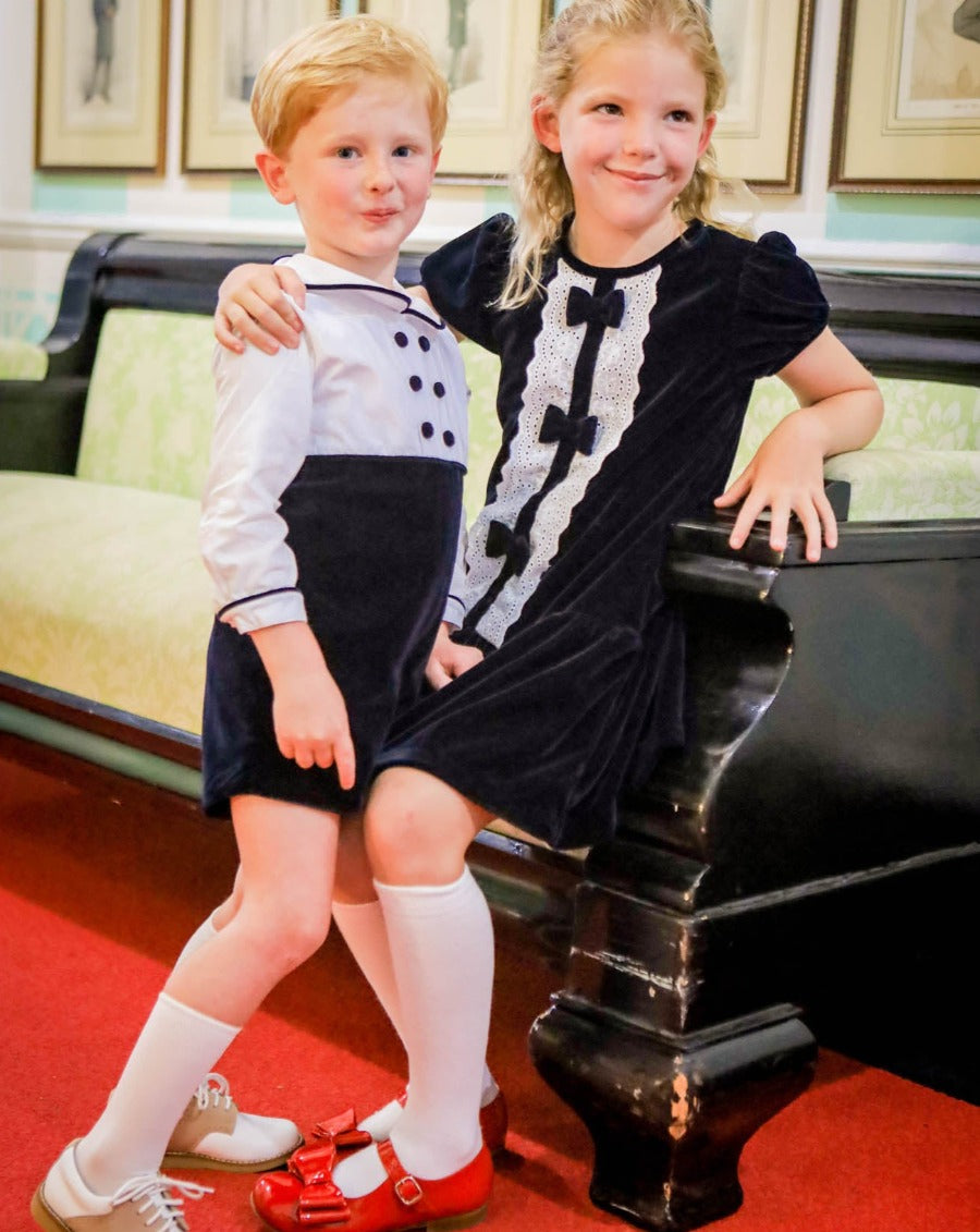 Navy Velvet Shortall with Peter Pan Collar- FINAL SALE