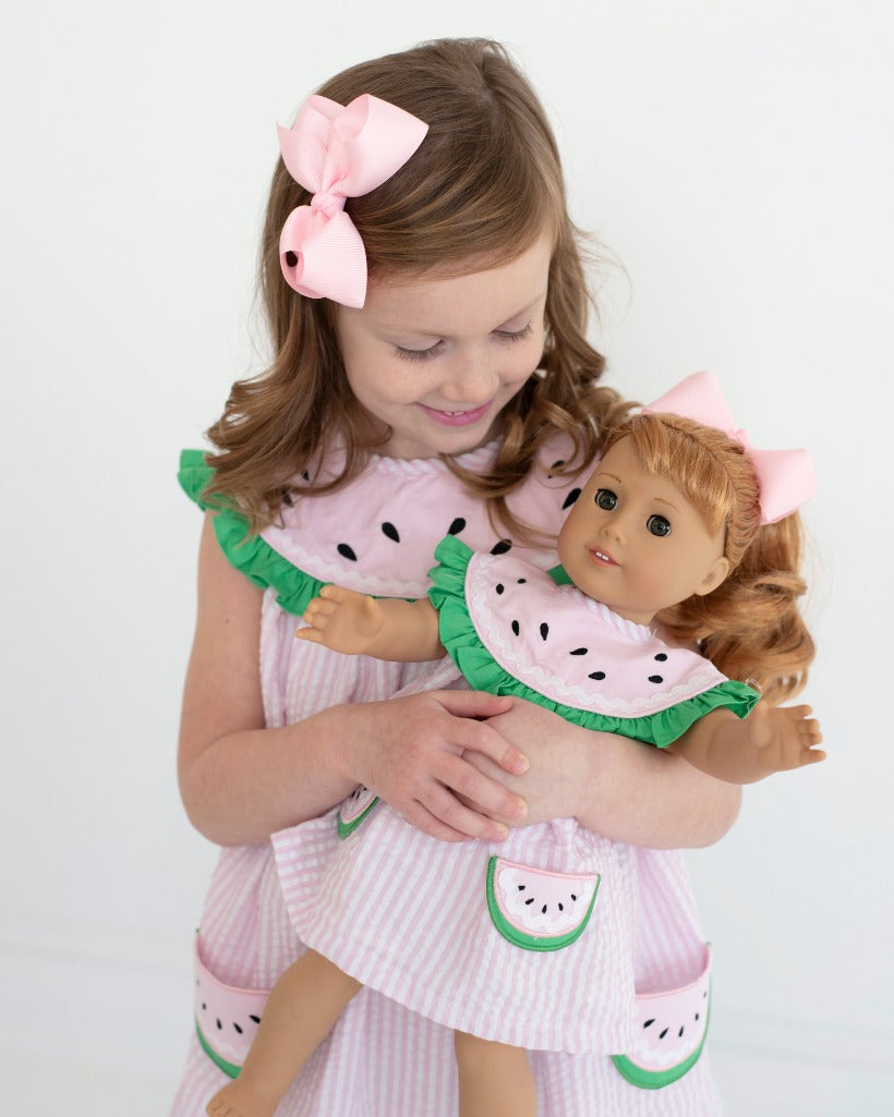 Watermelon Collar Pink Seersucker Dress for Doll