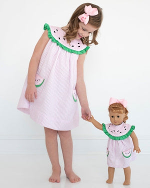 Watermelon Collar Pink Seersucker Dress for Doll