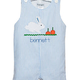 Bunny and Carrots Blue Seersucker Shortall