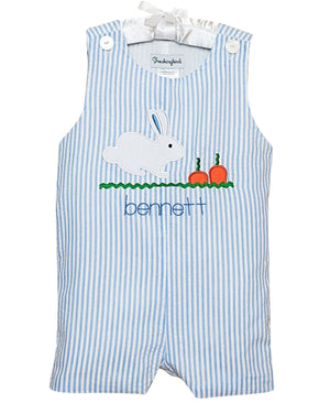 Bunny and Carrots Blue Seersucker Shortall