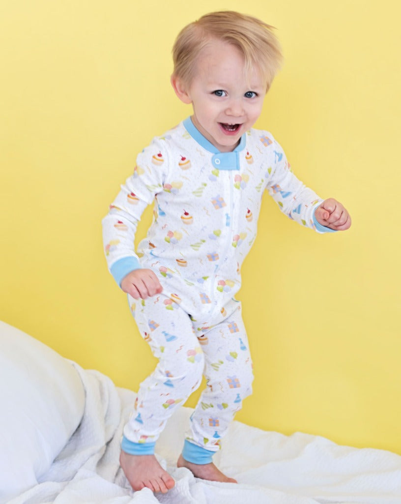 Party Time Pima Zip Up Pajamas with Blue Trim- FINAL SALE