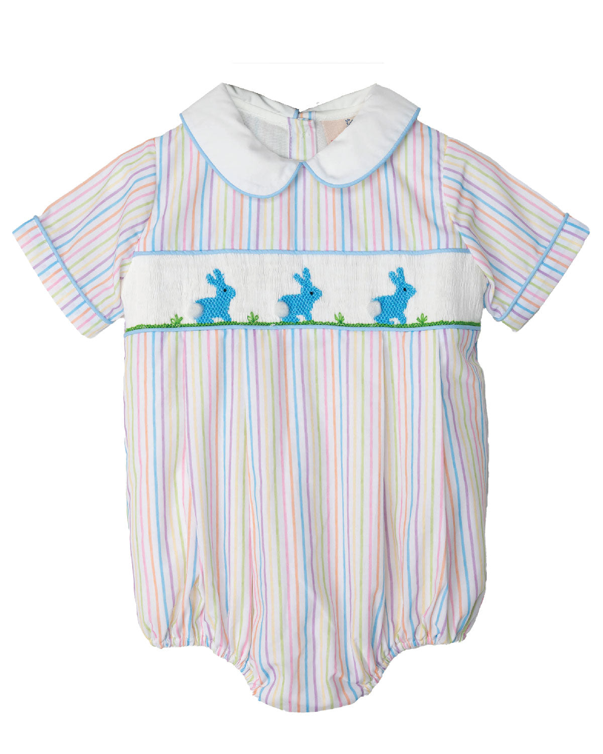 Bunnies Smocked Colorful Stripes Bubble In Blue-FINAL SALE