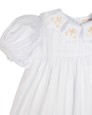 Cross Hand Embroidered Dress with Lace Collar