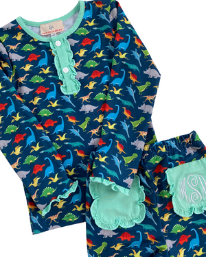 Roar Dinosaur Pajama Set with Mint Trim-FINAL SALE