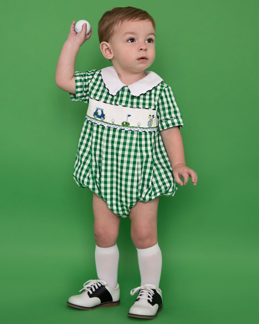 Golf Smocked Green Checked Boy Bubble