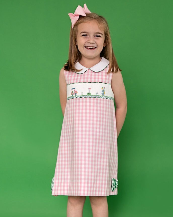 Golf Smocked Pink Checked Dress with Bow Detail