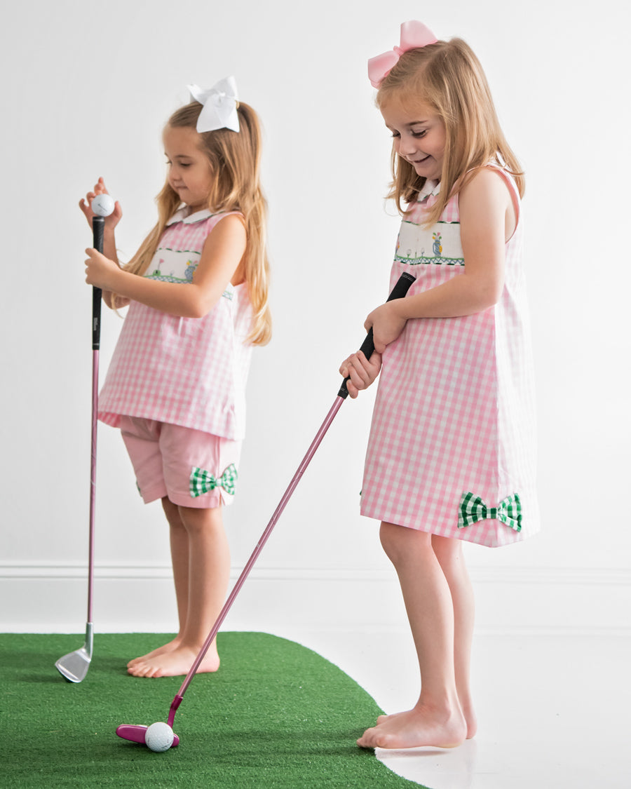 Golf Smocked Pink Checked Dress with Bow Detail