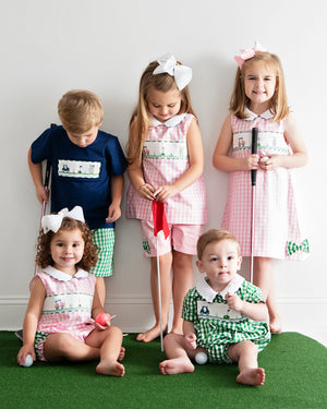 Golf Smocked Pink Checked Dress with Bow Detail