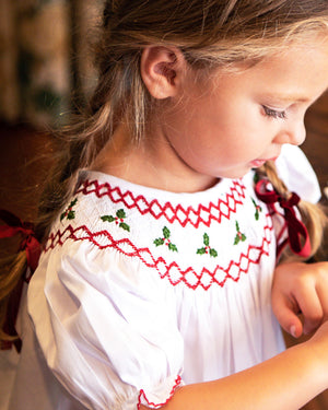 Holly Berry Smocked White Bishop Dress