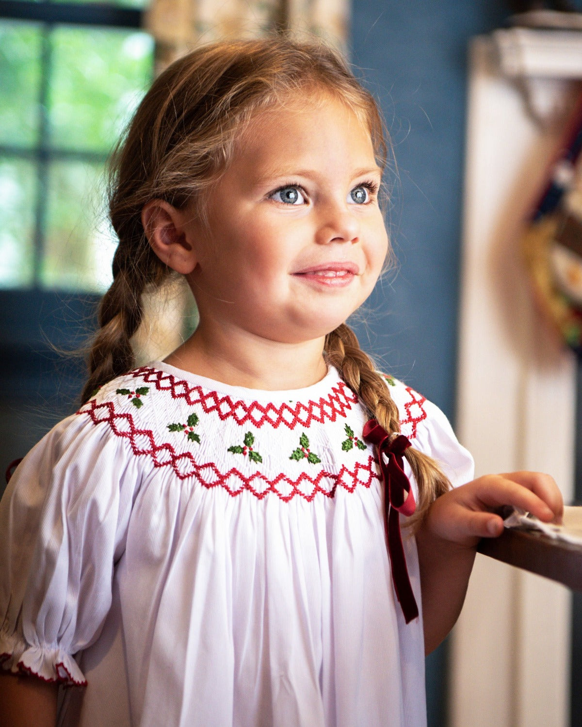 Holly Berry Smocked White Bishop Dress