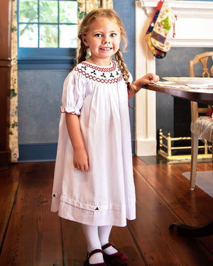 Holly Berry Smocked White Bishop Dress