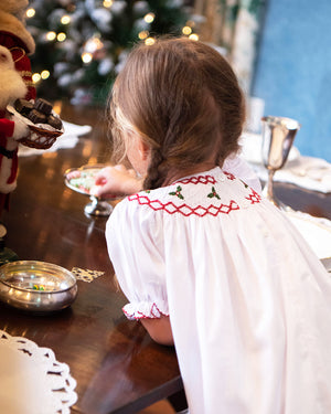 Holly Berry Smocked White Bishop Dress