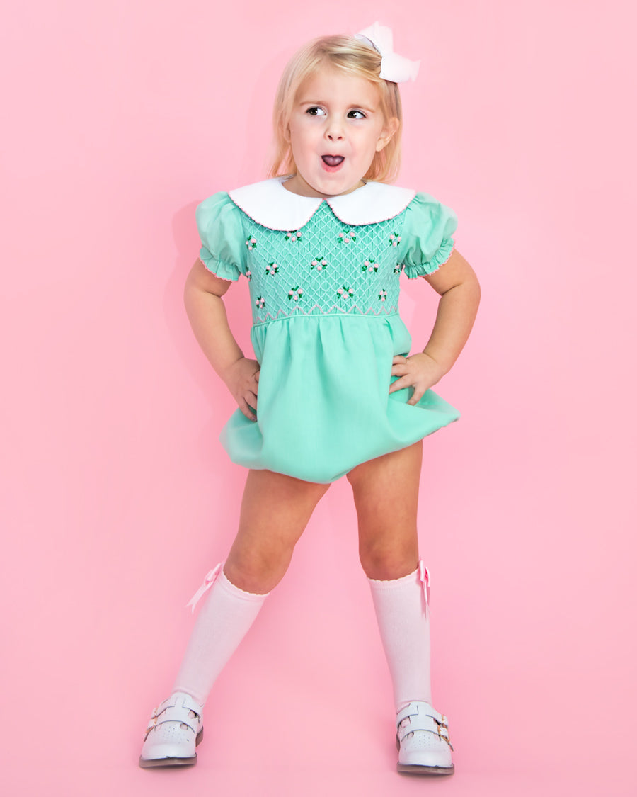 Mint Green Rosette Smocked Bishop Bubble