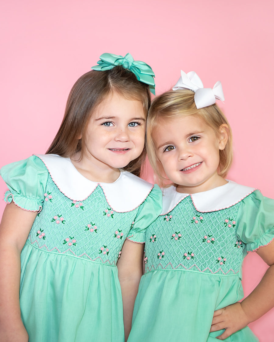 Mint Green Rosette Smocked Bishop Bubble