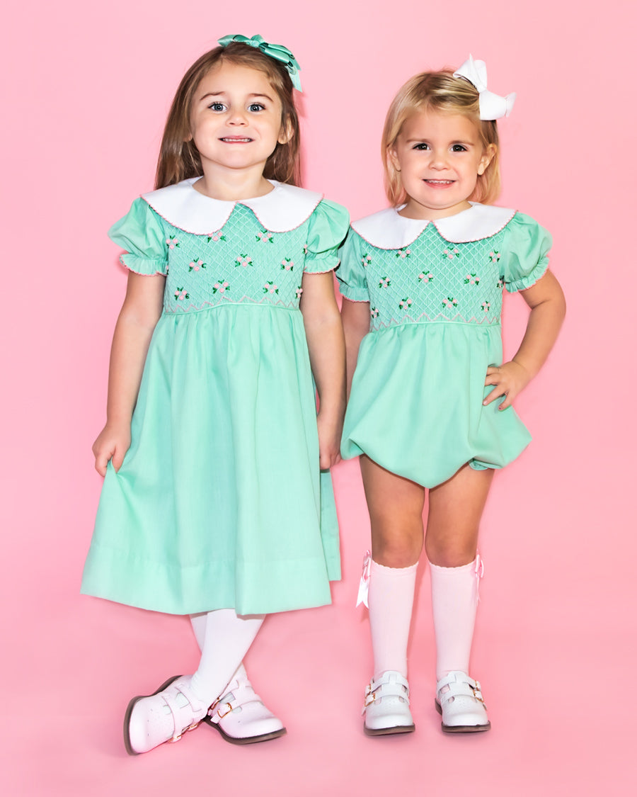 Mint Green Rosette Smocked Bishop Bubble