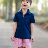 Red Windowpane Shorts Set with Navy Shirt