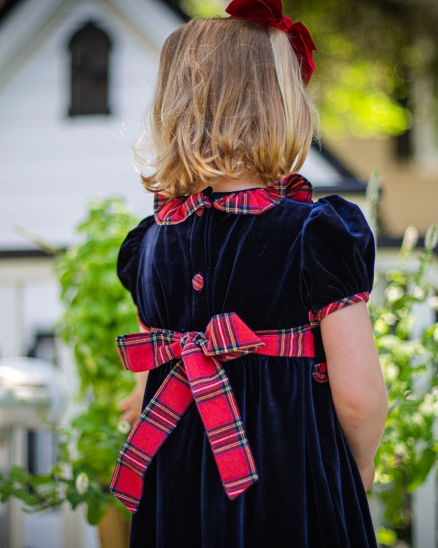 Navy Velvet Dress with Red Tartan Sash