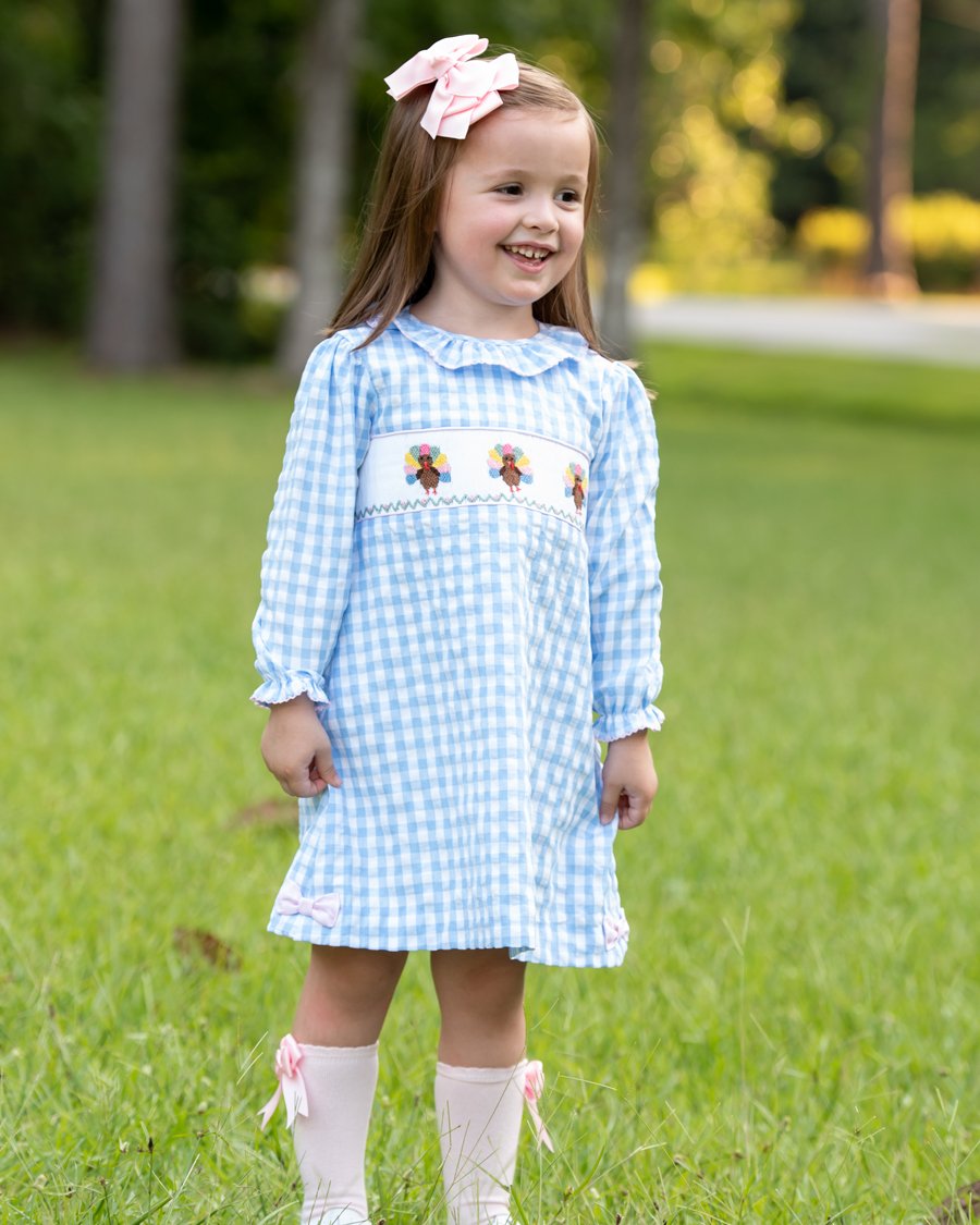 Turkeys Smocked Gingham Bow Dress