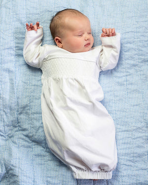 Smocked Baby Gown in White Knit